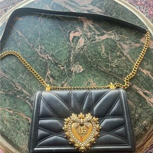 Dolce & Gabbana Devotion Black Leather Shoulder Bag Gold Chain Medium